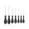 A set of six black-handled screwdrivers arranged in a row, with varying sizes from large to small, featuring ergonomic grips.