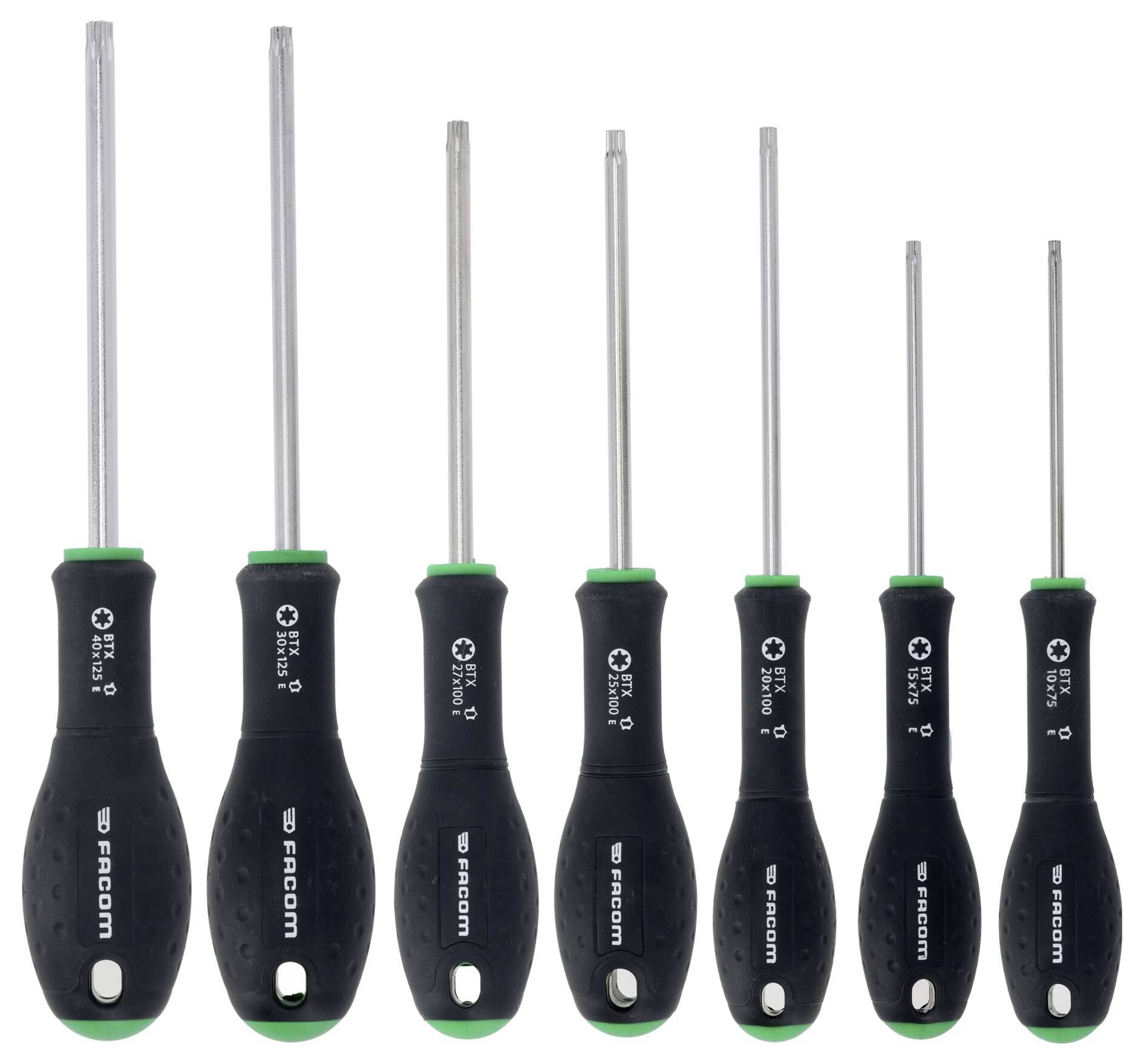 'Set of six green and black screwdrivers, varying in size, with rubber grips and chrome-vanadium tips, branded 'Facom'.'