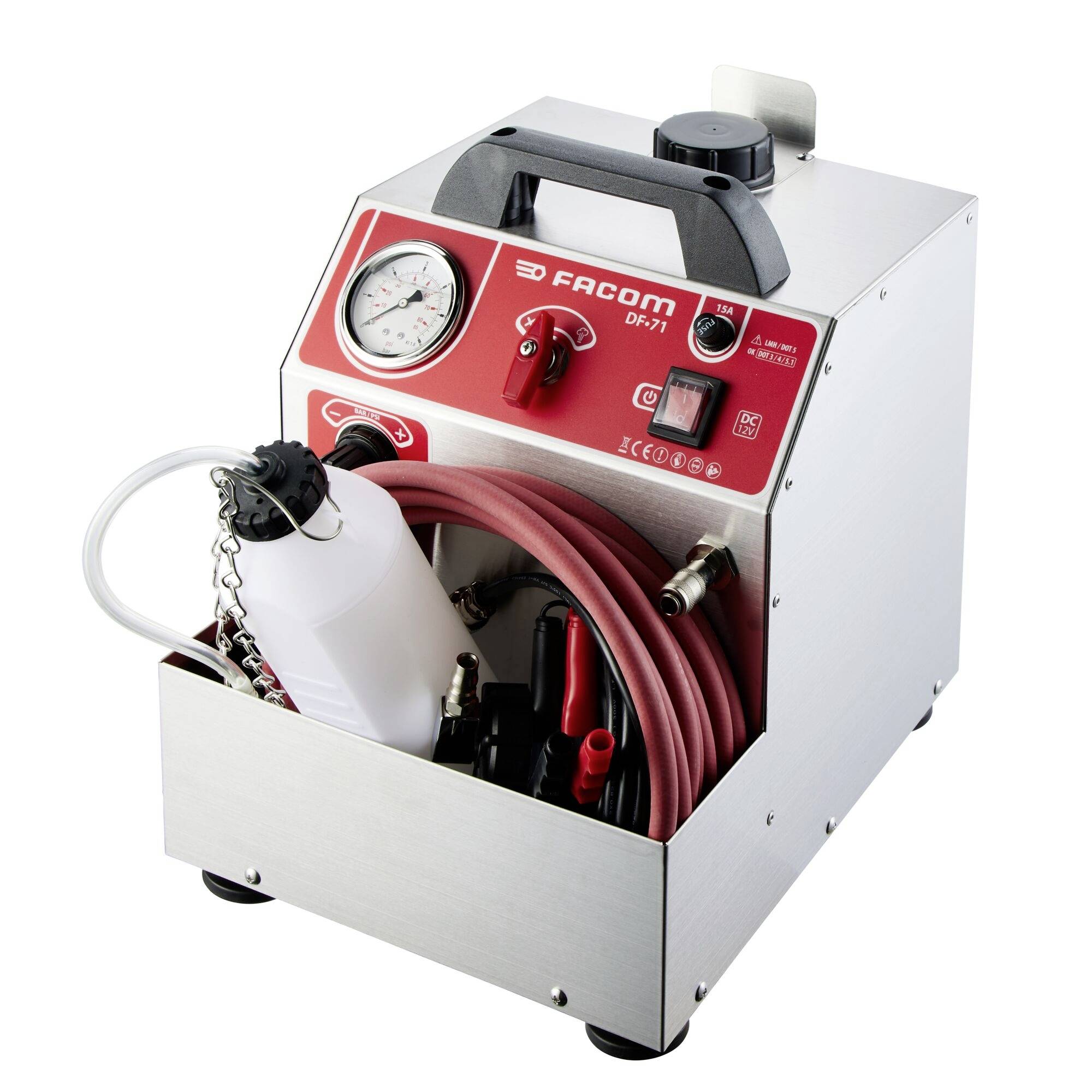 A device with a handle, gauge, red hose, and attached bottle, used for brake or engine servicing, labeled 'Facom DF.71'.