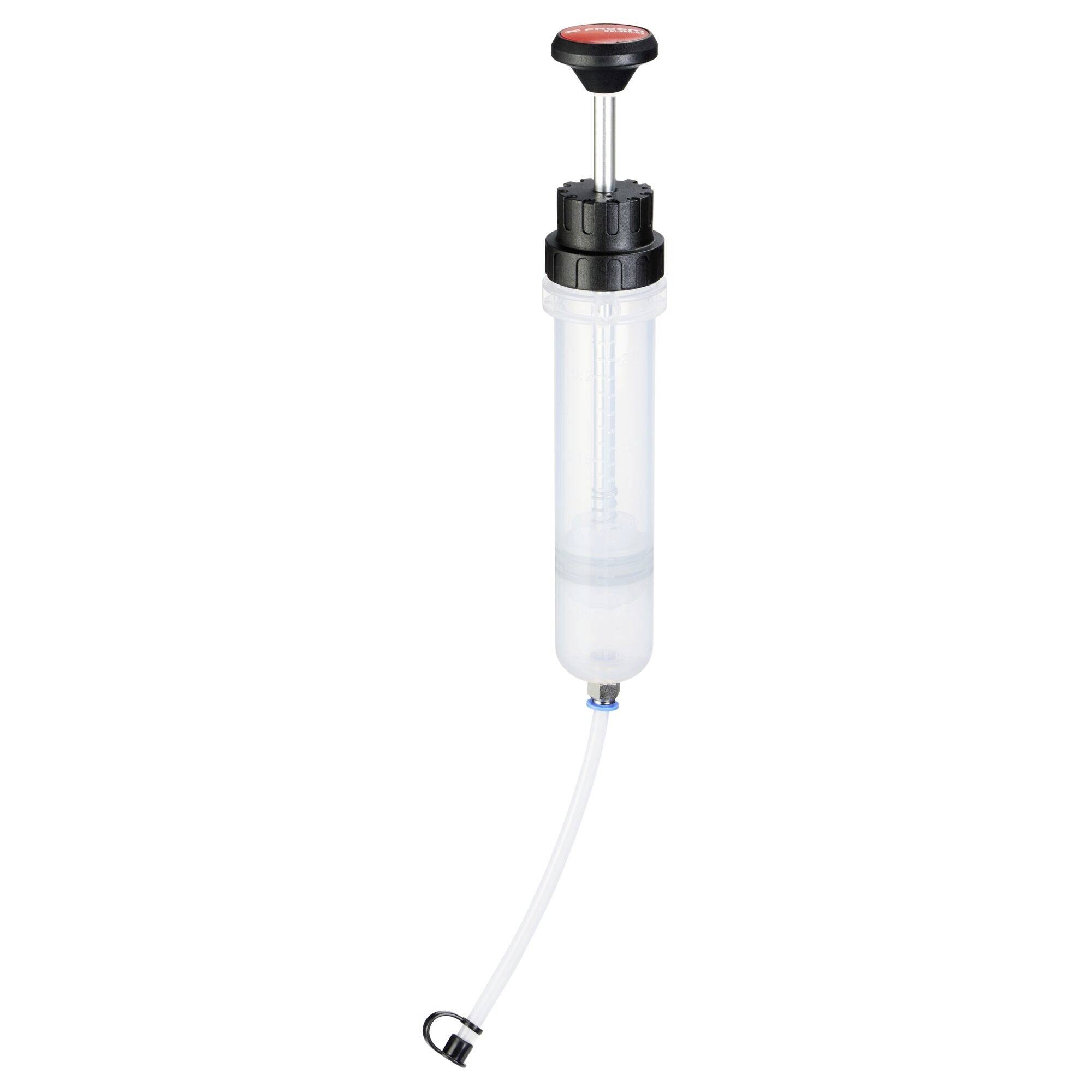 A manual fluid extractor with a transparent chamber and a black and red pump handle, featuring a flexible hose attached at the bottom.