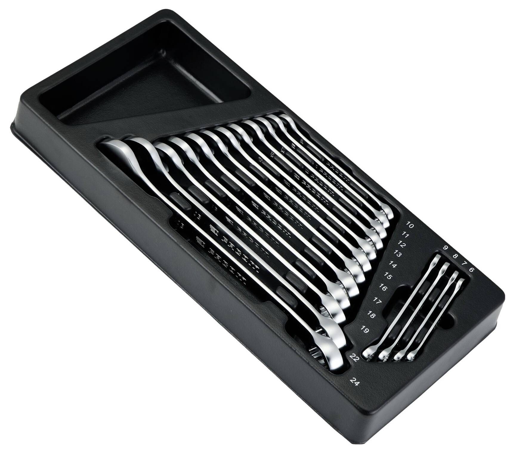 A set of twelve metal wrenches in various sizes are organized in a black plastic tray, ranging from size 6 to 19.
