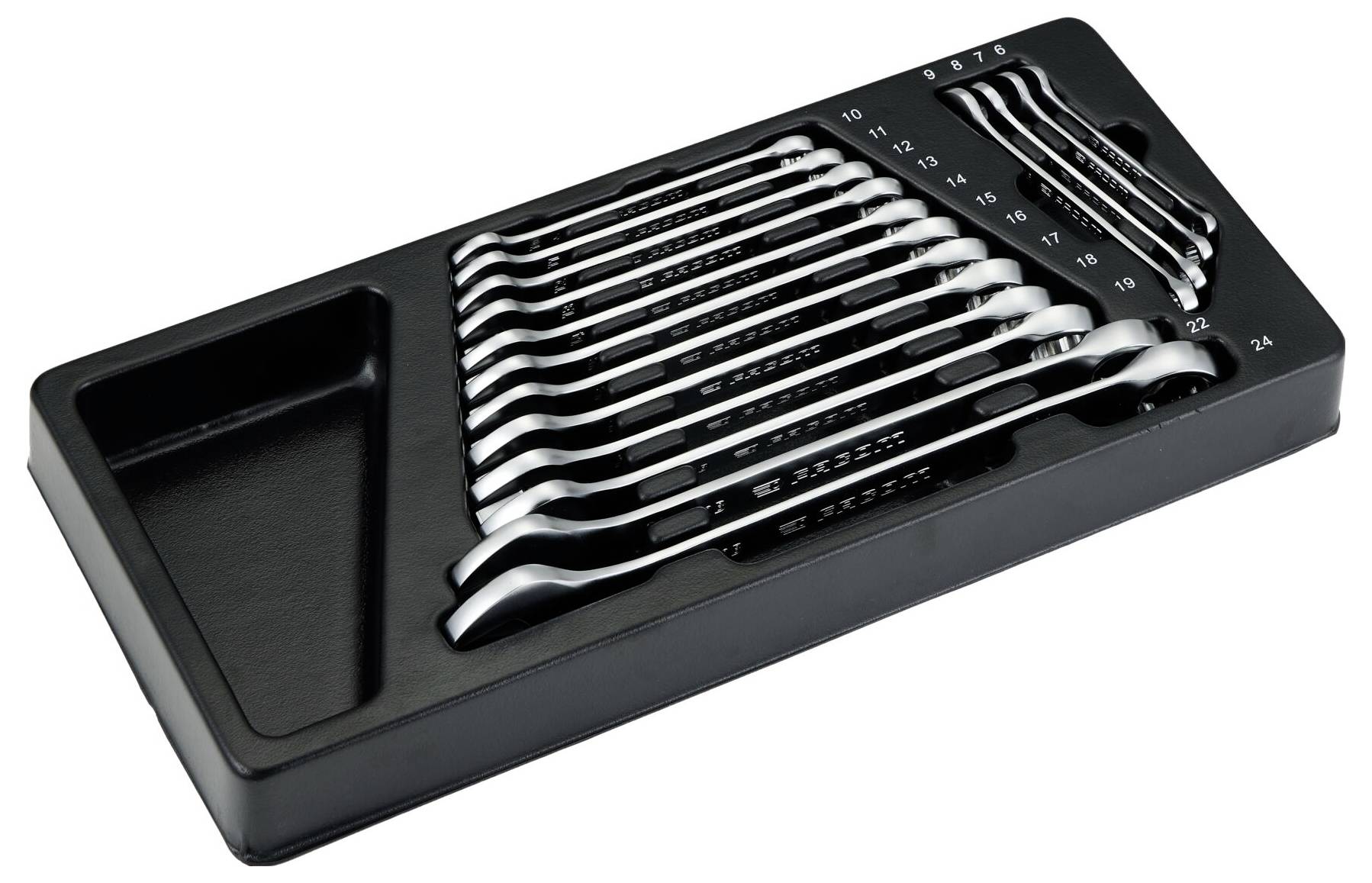 A set of combination wrenches organized by size in a black tray, ranging from 8 to 19 mm, placed from smallest to largest.