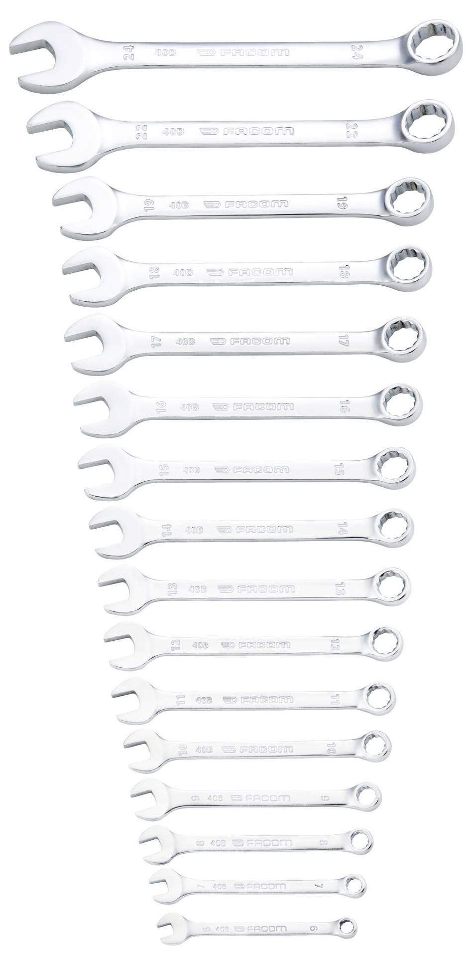 'A set of sixteen chrome combination wrenches, arranged in descending size order from top to bottom, against a white background.'