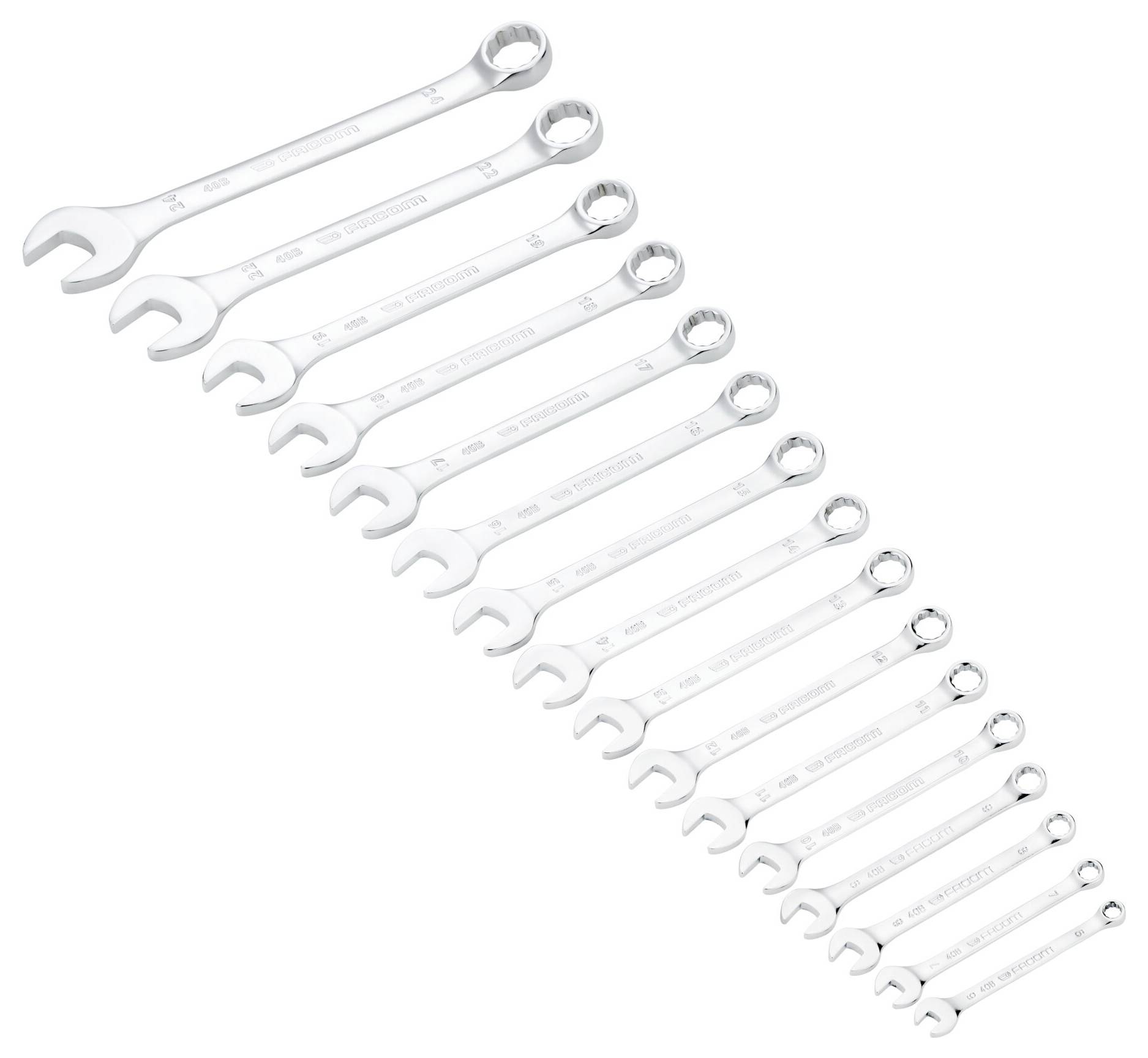 A set of 14 graduated combination wrenches arranged diagonally, increasing in size from left to right. Each wrench has an open and a ring end.