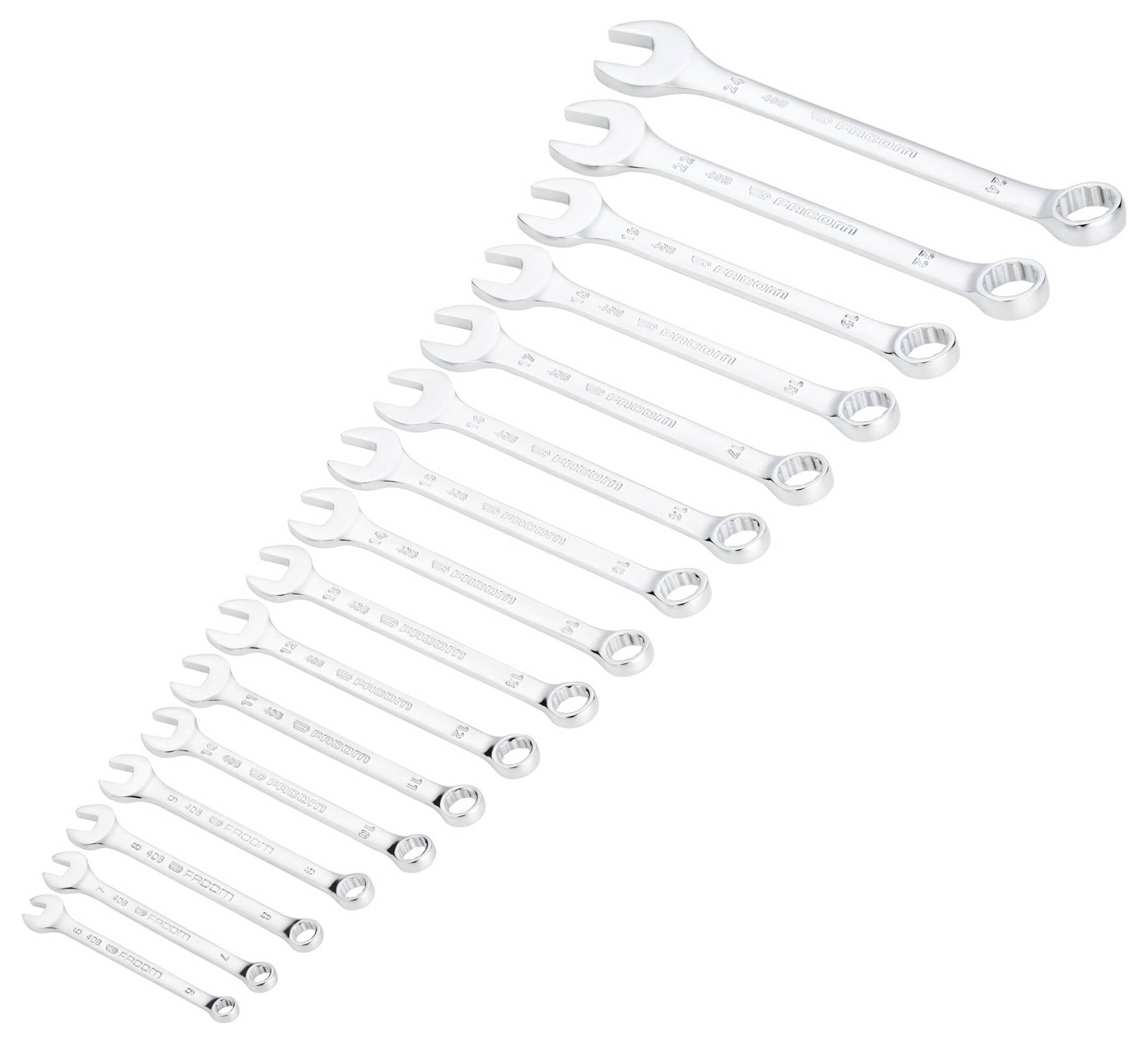 A set of sixteen silver wrenches arranged in ascending order of size, from small to large, on a white background.