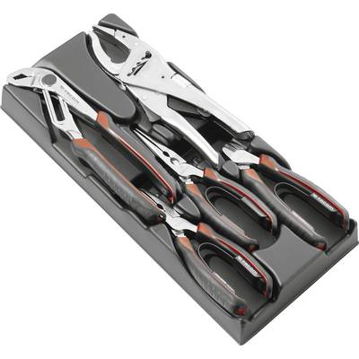Set of five pliers and cutters in a molded tool tray, including adjustable and locking pliers, arranged for storage.