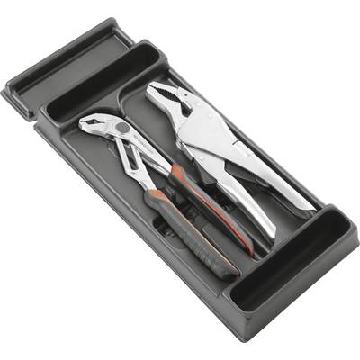 Two locking pliers in a black molded storage tray, one silver and one black with orange accents.