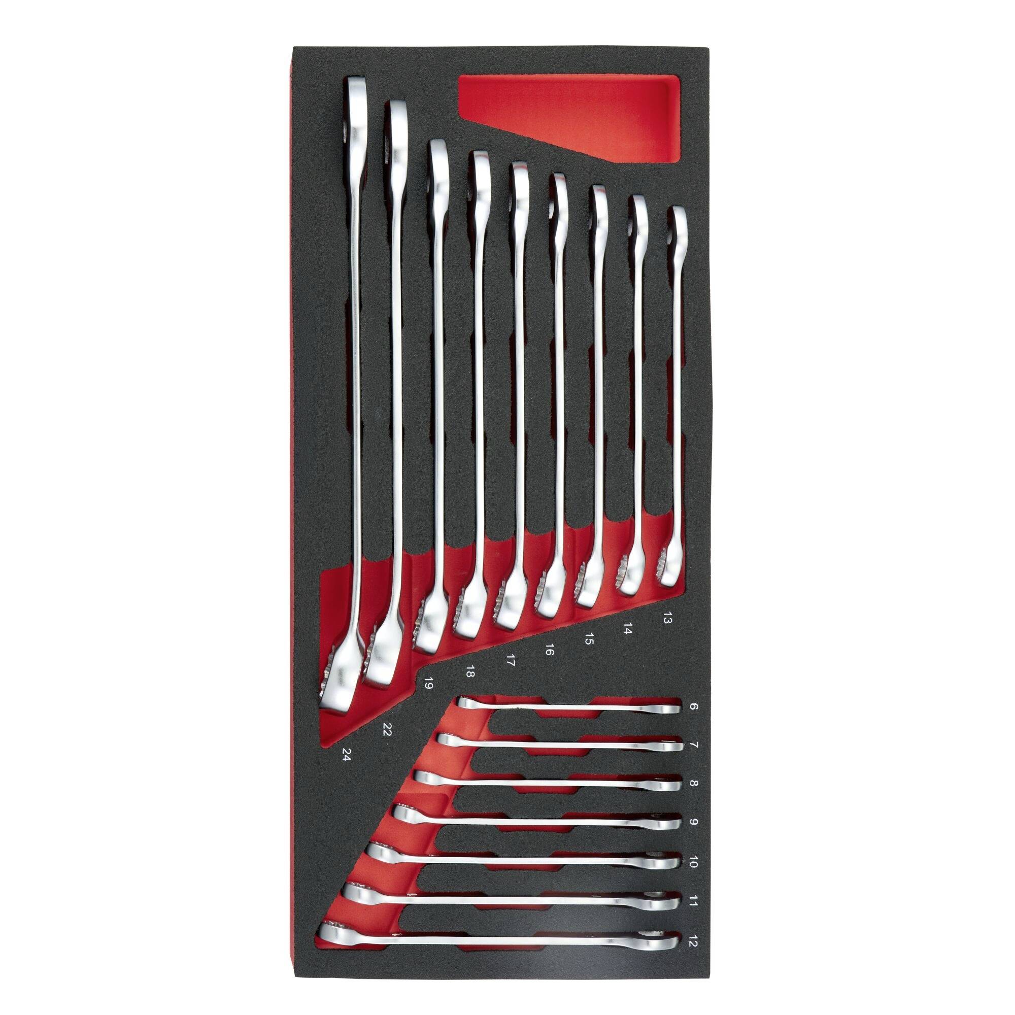 A set of shiny wrenches of various sizes organized neatly in a black and red foam tray, designed for easy storage and tool identification.