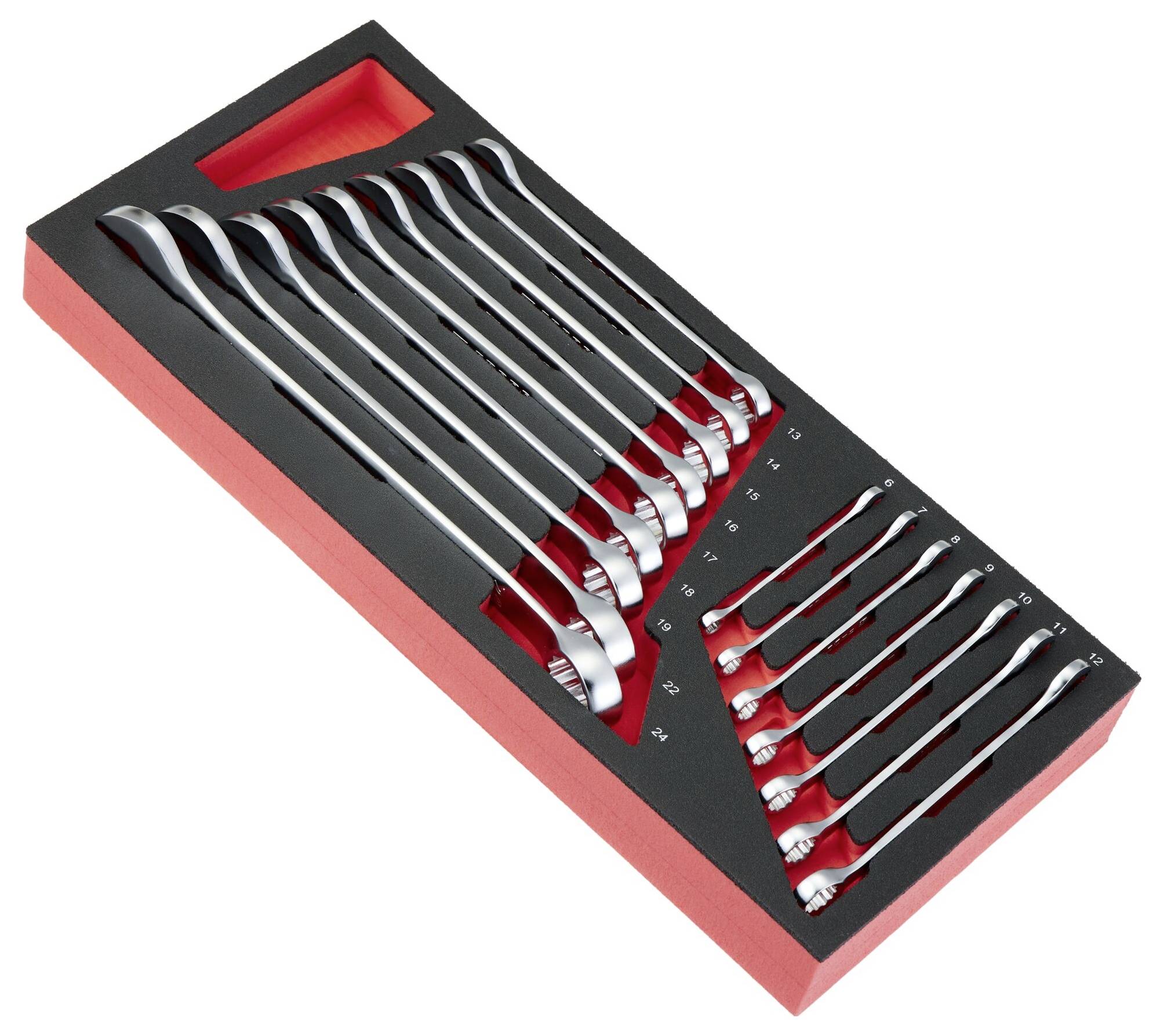 A set of chrome-finished, extra-long wrenches organized in a red and black foam tray, arranged by size, from smallest to largest.