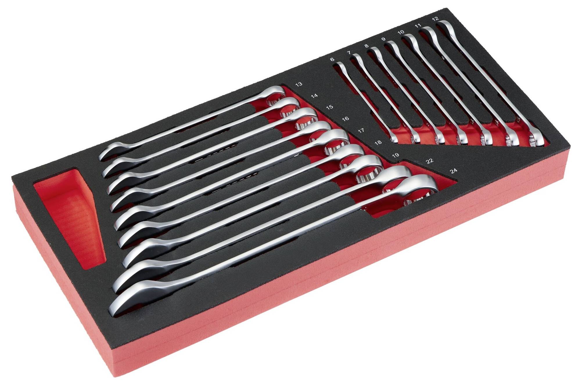 A set of wrenches organized in a foam tray, ranging from small to large sizes, designed for easy storage and accessibility.
