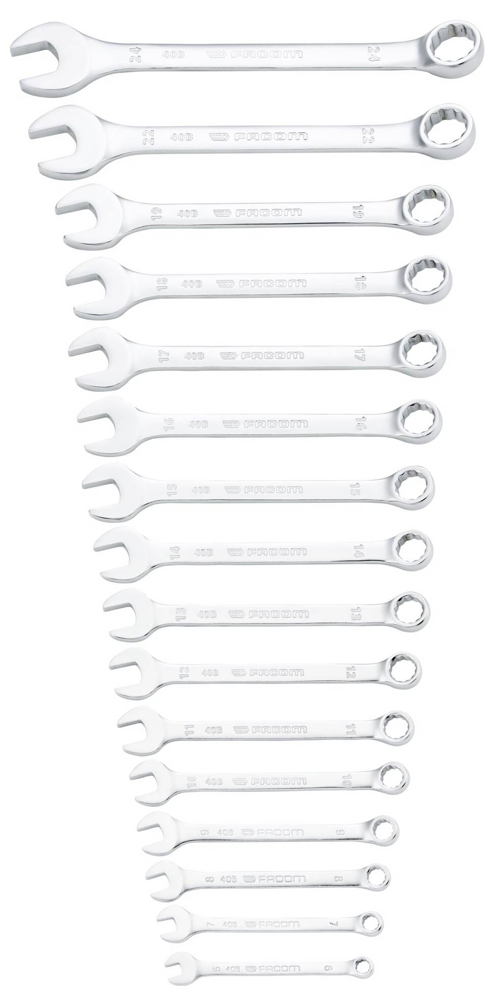 A set of open-end and box-end wrenches arranged in a row, showing size progression from smallest to largest.