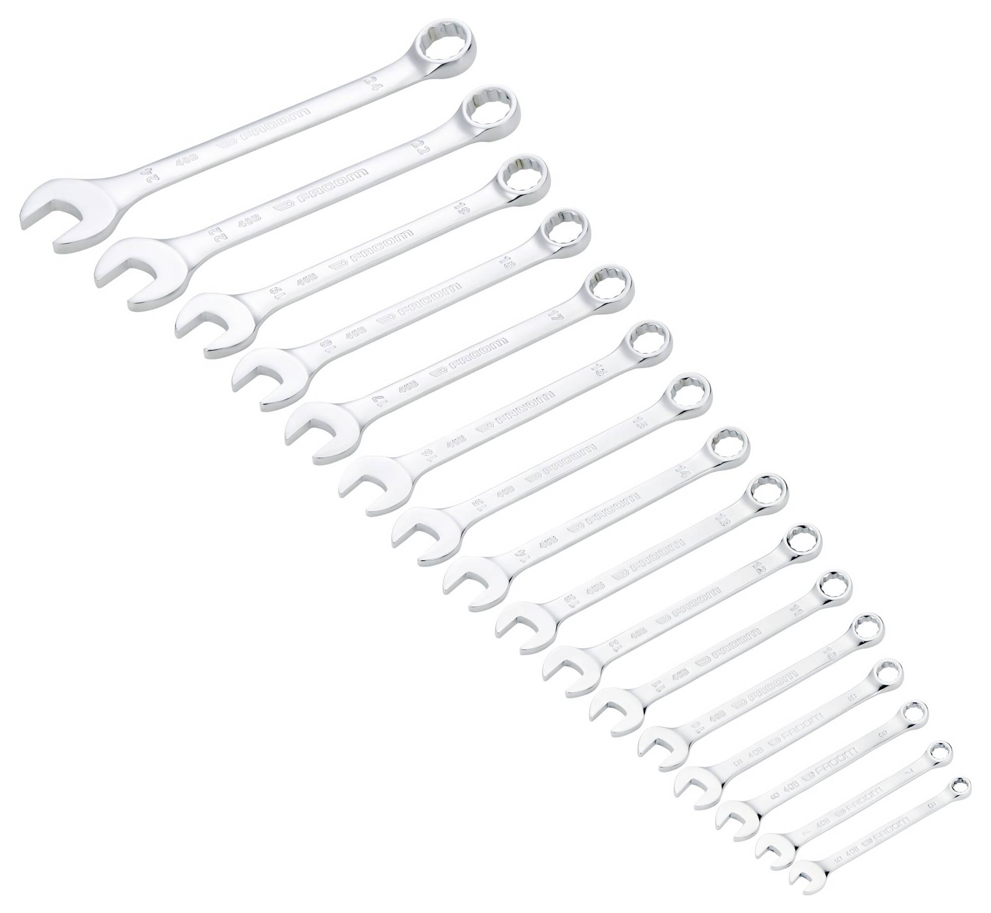 A row of fourteen metal wrenches, arranged from smallest to largest, displayed diagonally against a white background.