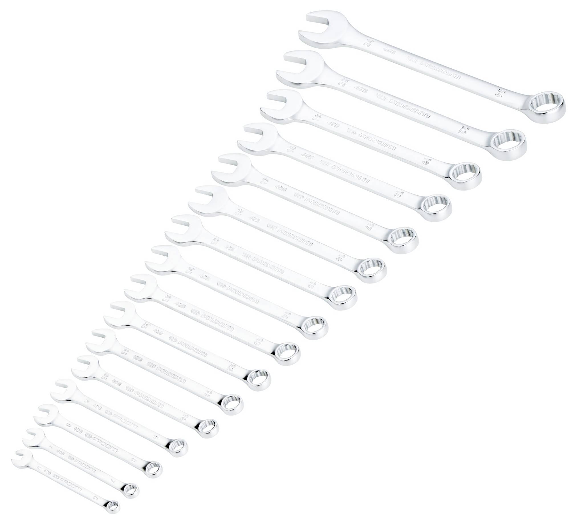 A set of fifteen gray open-end and ring wrenches of varying sizes arranged in a diagonal line from largest to smallest on a white background.