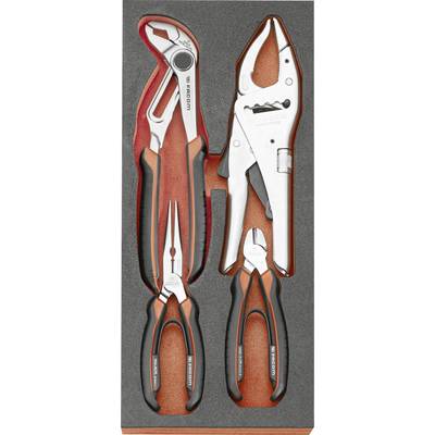 Two locking pliers displayed vertically on a gray background, one adjustable wrench-style plier and one slip-joint plier.