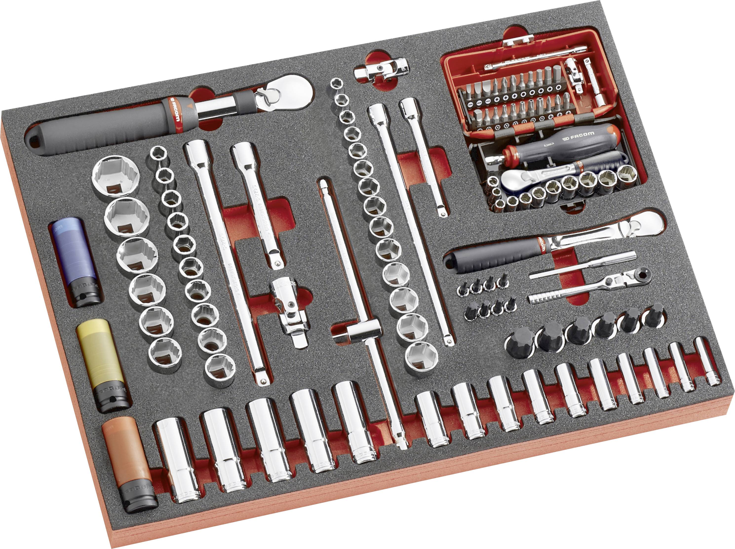 Foam tool organizer tray with assorted socket wrenches, ratchets, extensions, bits, and driver handles neatly arranged in labeled slots.