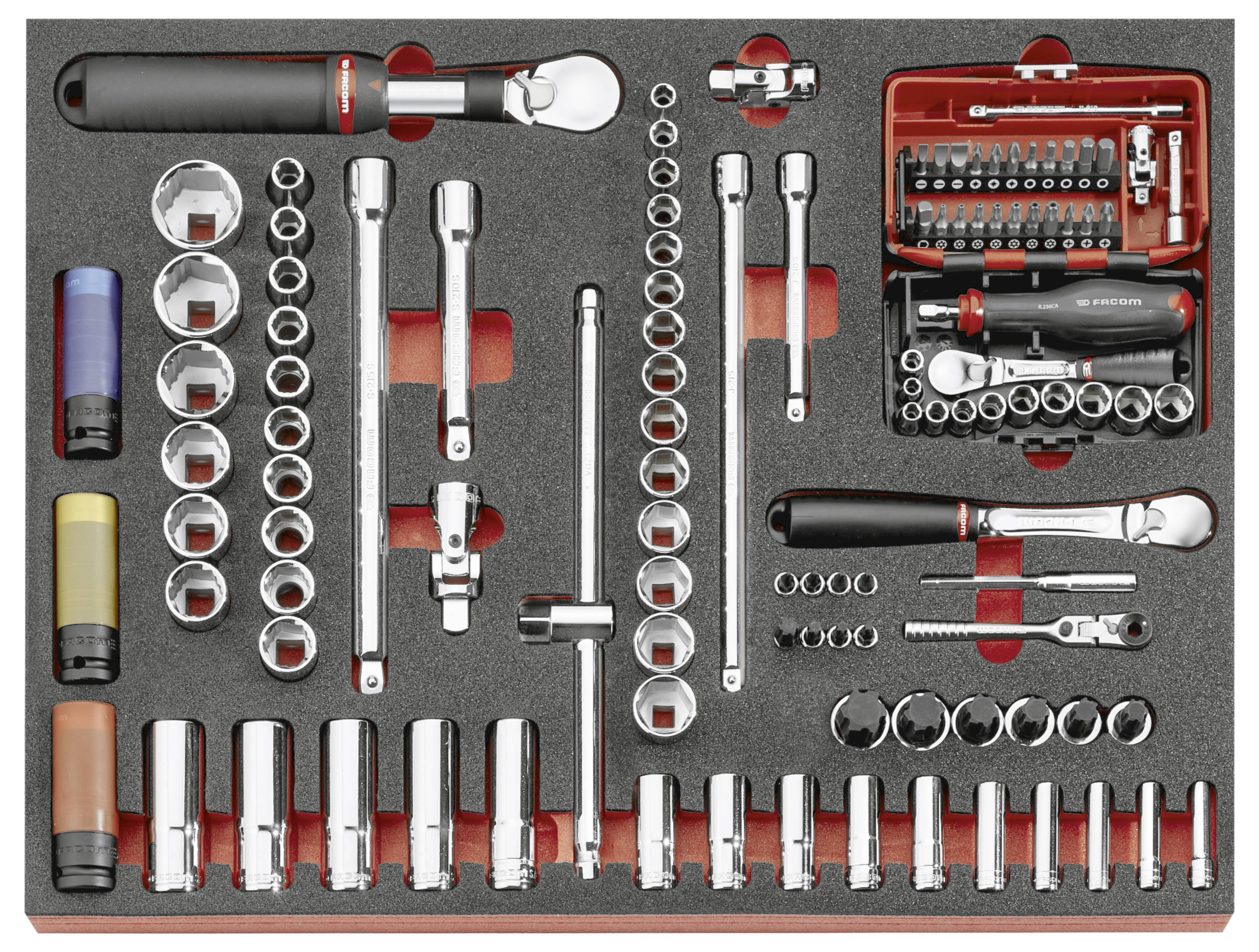 Assorted chrome socket wrenches, ratchets, extensions, and bits arranged in a foam tool case, with a red socket set at top right.