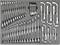 Metal wrench set in a foam case, with multiple open-end wrenches and socket attachments neatly arranged for storage.