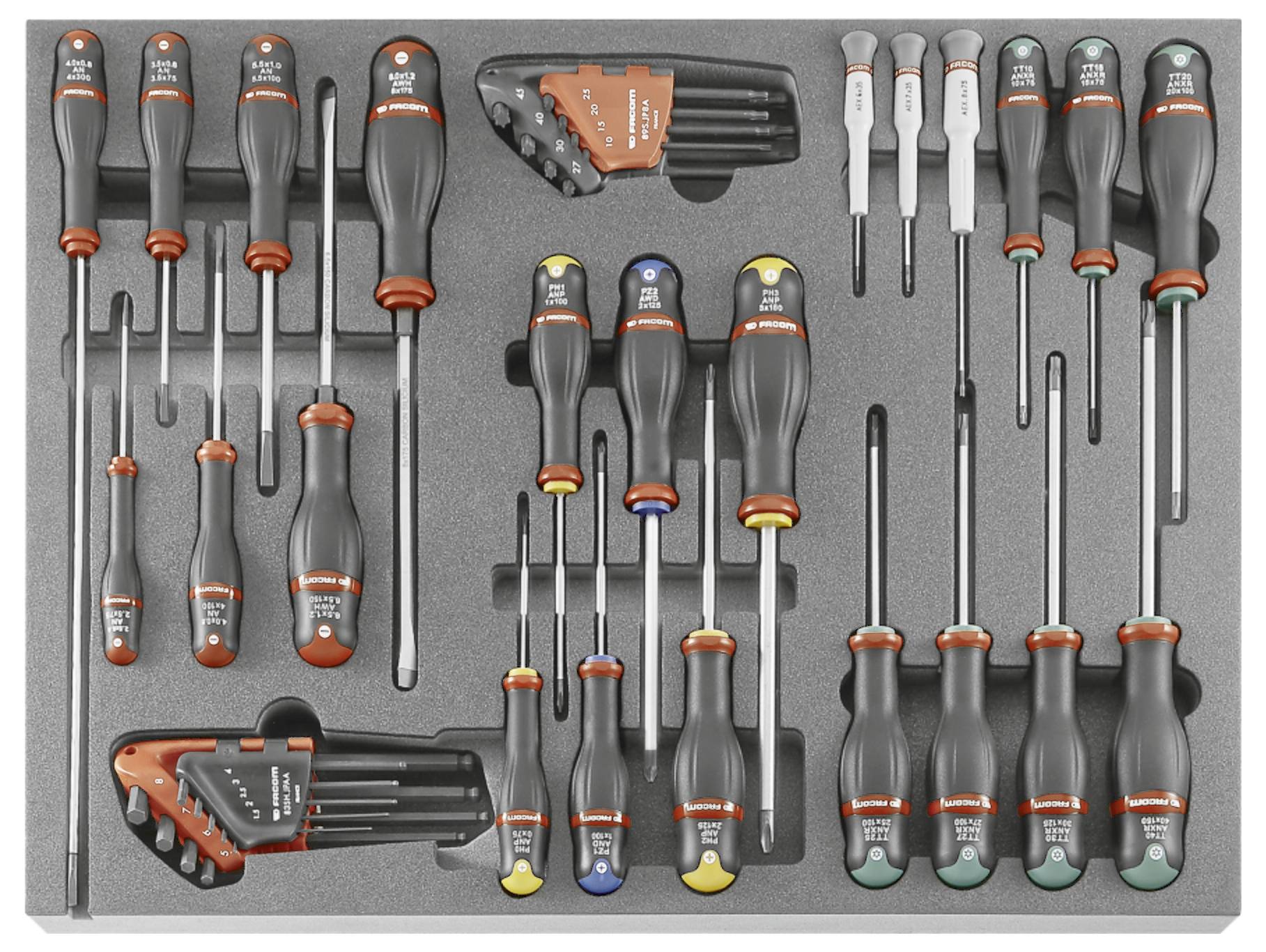 Foam tray with assorted screwdrivers, precision drivers, and hex keys organized in a tool kit.