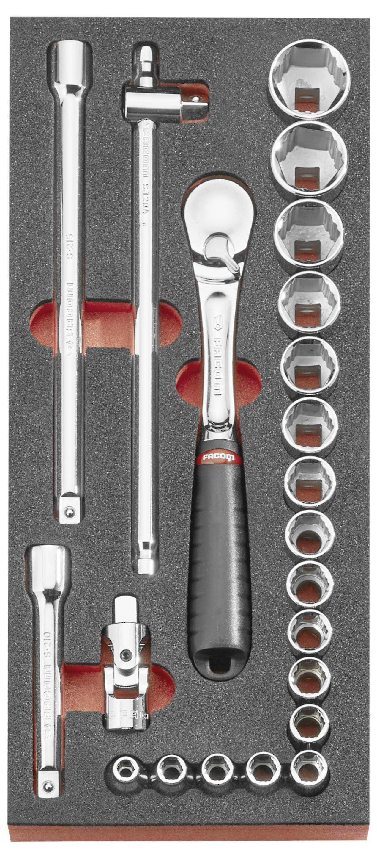 Foam tray with a socket wrench set: ratchet handle, extension bars, adapters, and multiple sockets arranged for storage.