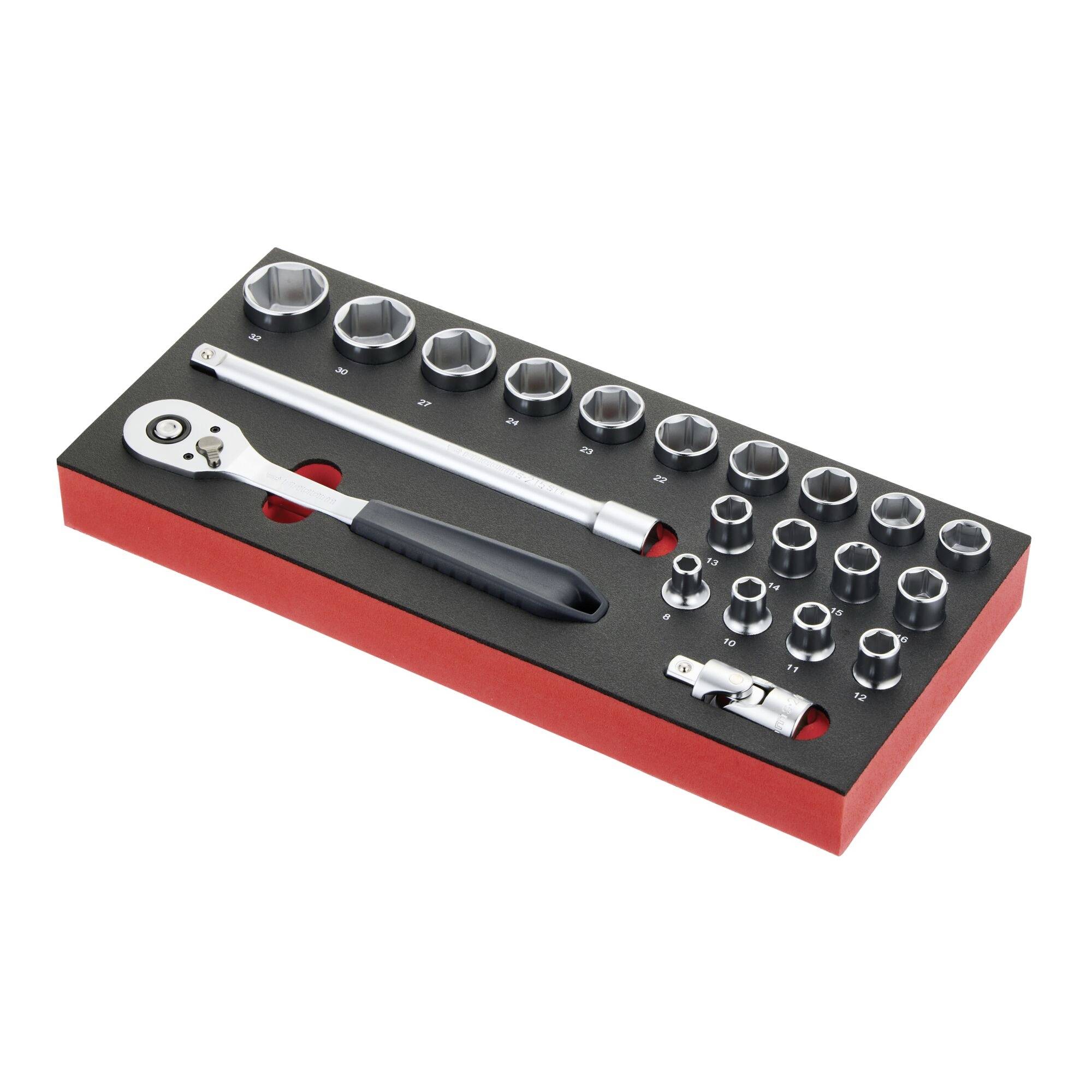 A socket set with a ratchet, extension bar, and multiple sockets arranged in a foam tray.