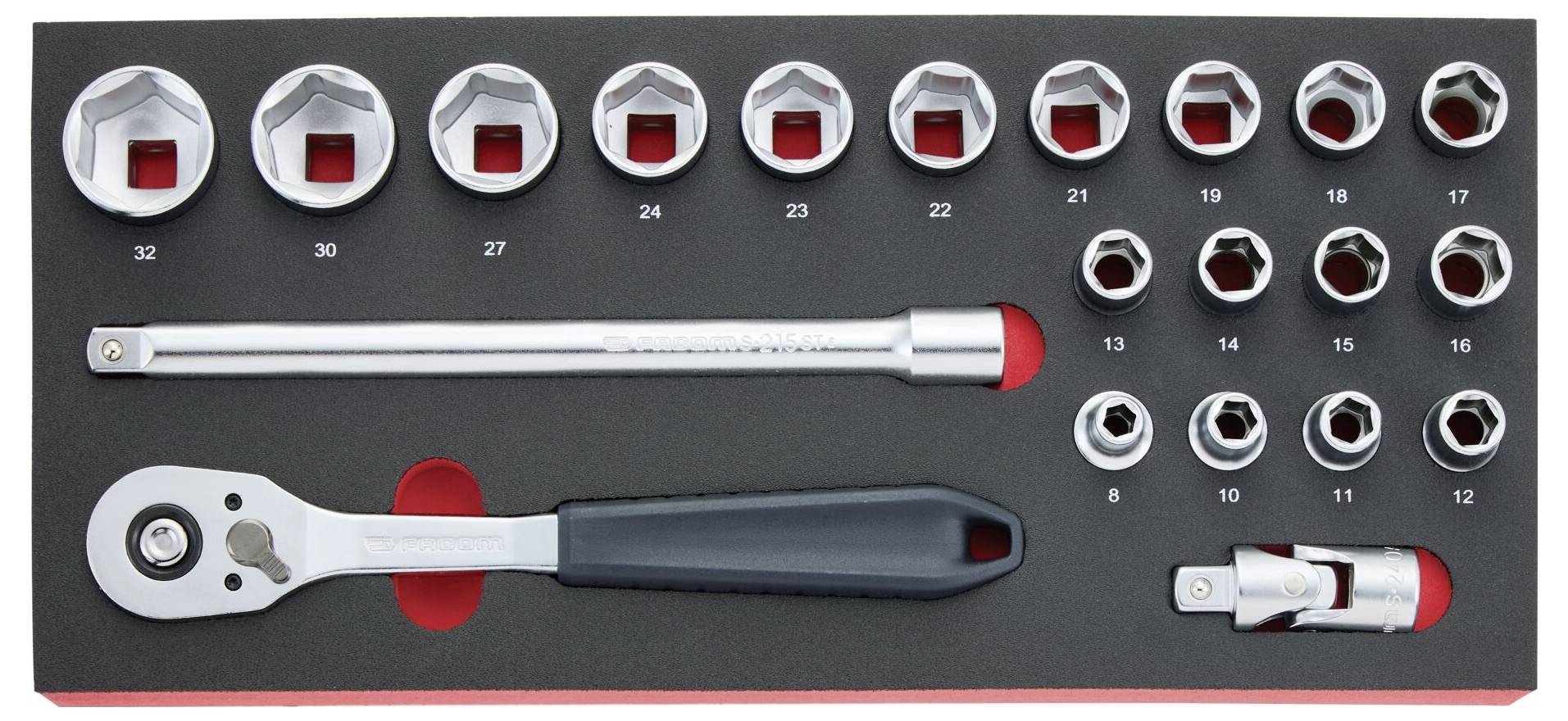 A socket wrench set with a ratchet handle, extension bar, and various sized sockets from 8 to 32, organized in a foam tray.