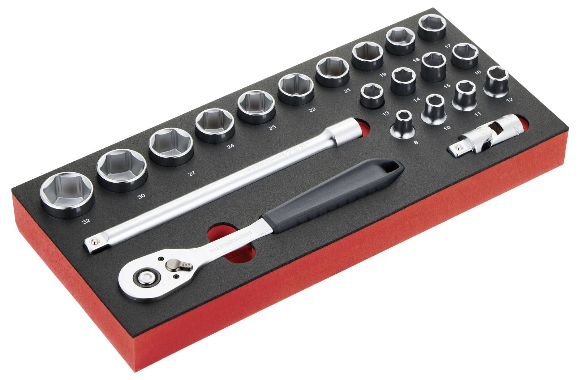 A complete socket wrench set with various socket sizes, a wrench, and extension bar, organized in a foam tray.