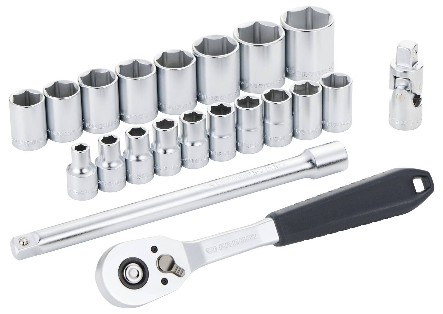 A 20-piece socket wrench set including various socket sizes, a ratchet, an extension bar, and a universal joint adapter.