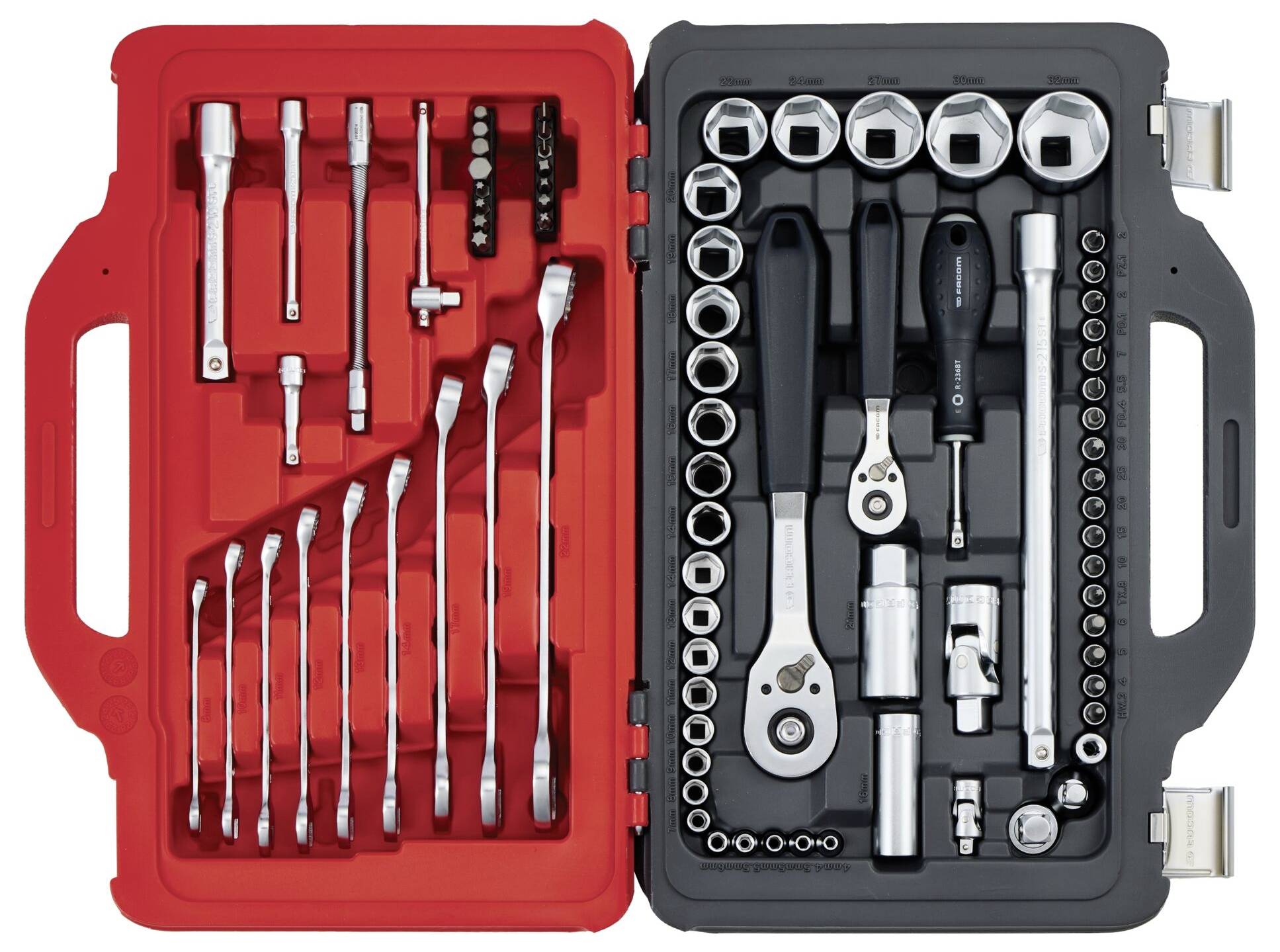 A toolbox containing various wrenches, ratchets, sockets, and extensions organized neatly in a red and black case.