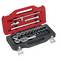 A red and black toolbox containing a ratchet, various socket heads, and extensions, neatly arranged in molded slots.