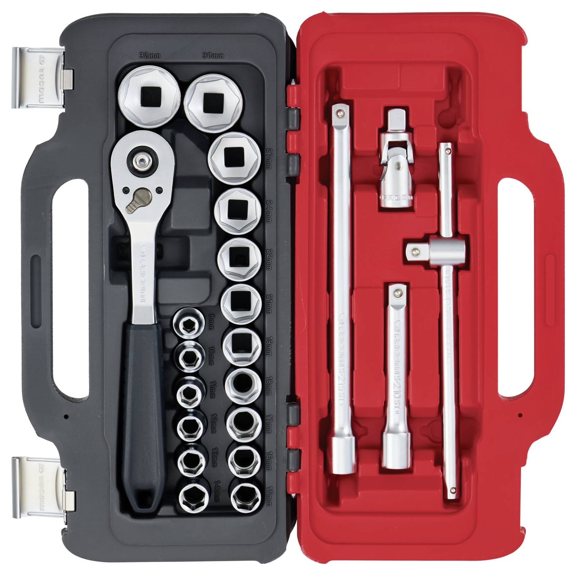 'A comprehensive socket wrench set inside an open case, featuring various socket sizes and extension bars organized neatly.'