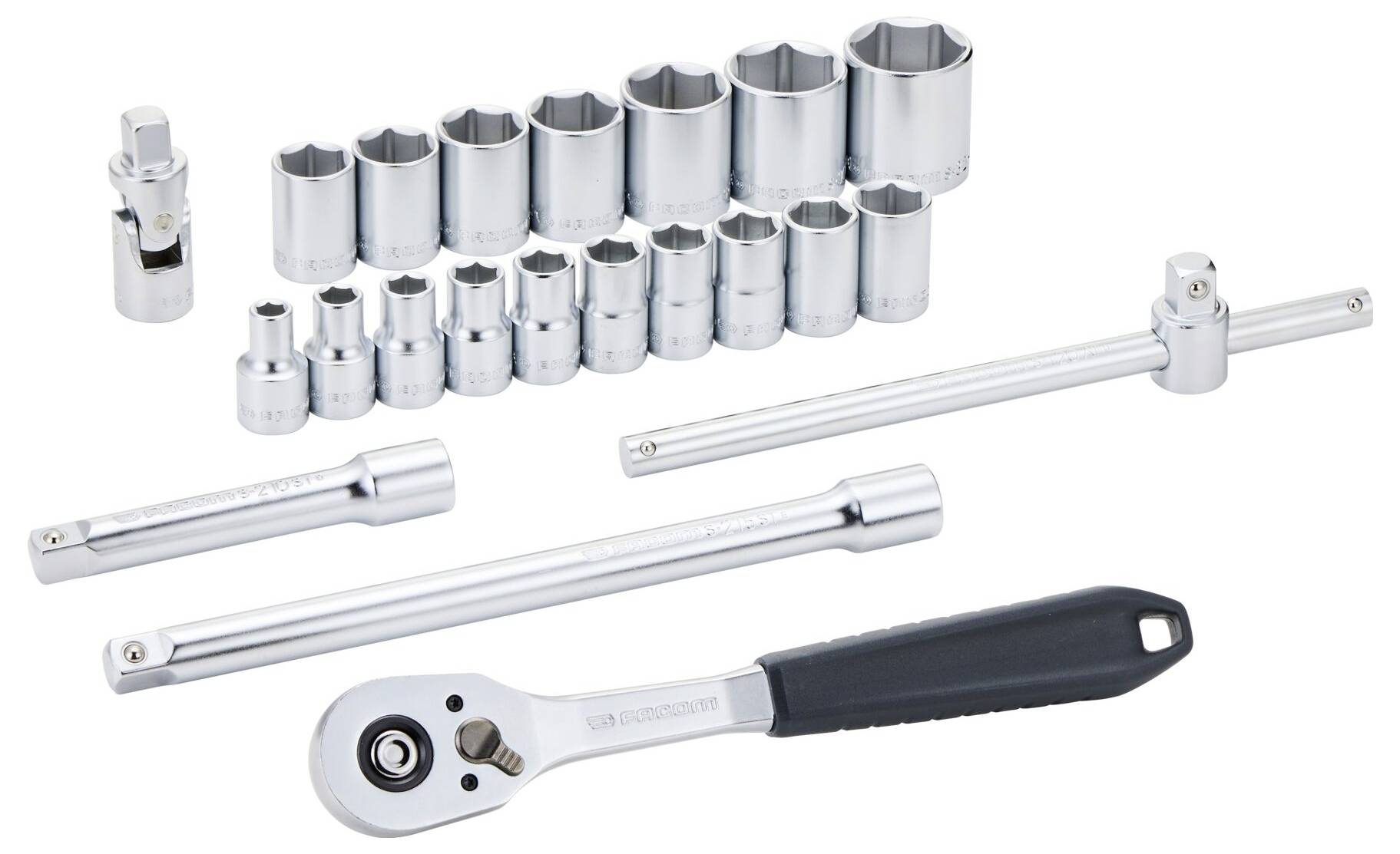 A complete socket wrench set with various socket sizes, extensions, and a ratchet handle on a white background.