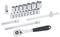 A complete socket wrench set with various socket sizes, extensions, and a ratchet handle on a white background.