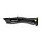 A black utility knife with the word 'Stanley' printed on the side, featuring a yellow button and textured grip for safety and control.