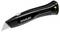 A black Stanley utility knife with a retractable blade and ergonomic handle, featuring a textured grip and safety lock mechanism.