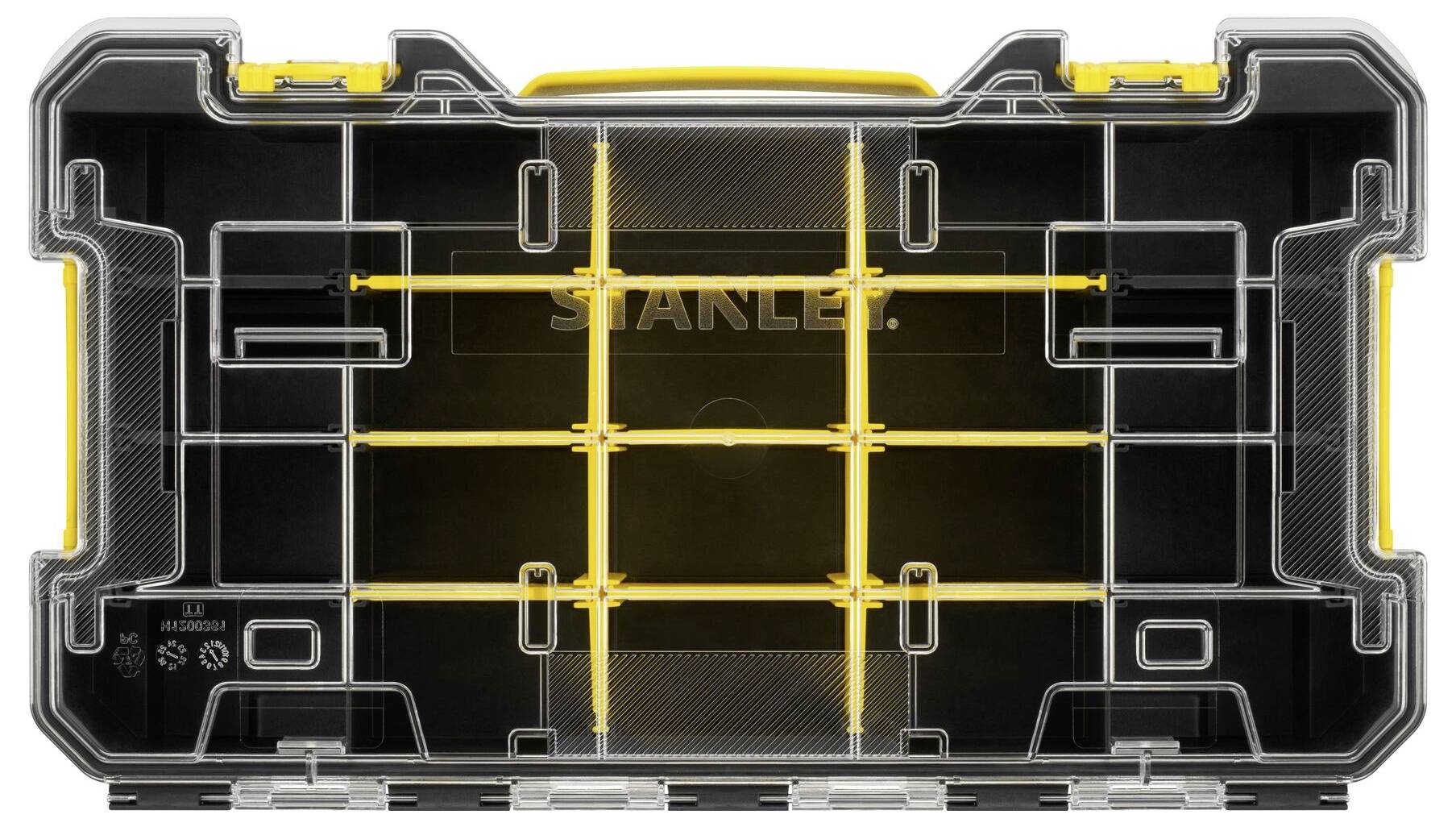 An empty black storage organizer with transparent compartments and yellow dividers, suitable for small tools or hardware.
