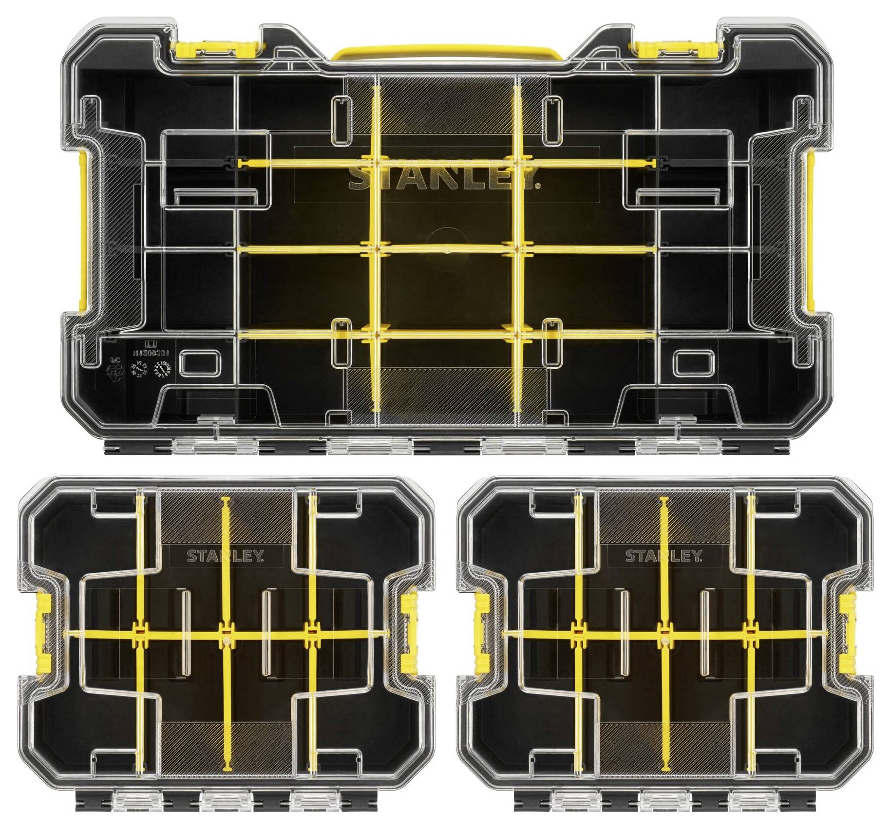 'Stanley' branded black toolboxes with yellow dividers and clear lids, designed for organizing small hardware or tools.
