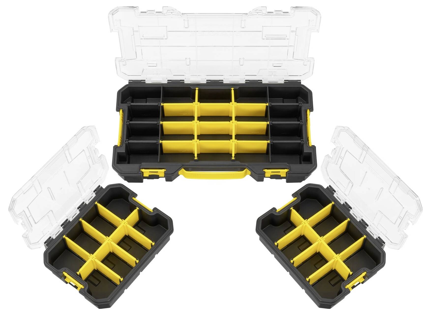 Black and yellow plastic storage organizers with transparent lids, featuring multiple compartments for tool or material organization.