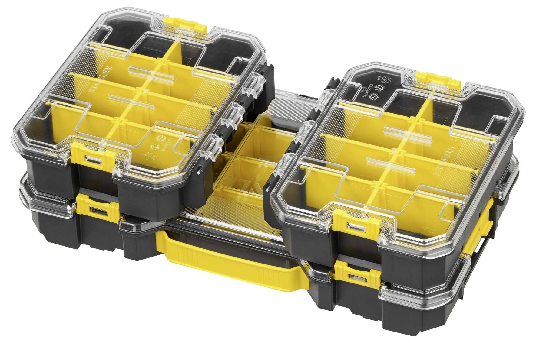 A black and yellow plastic tool organizer with transparent lids, featuring multiple compartments for storing small items like screws or bolts.