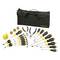 'Toolkit with yellow and black-handled tools including screwdrivers, pliers, and bits, arranged with a black Stanley carrying case.'