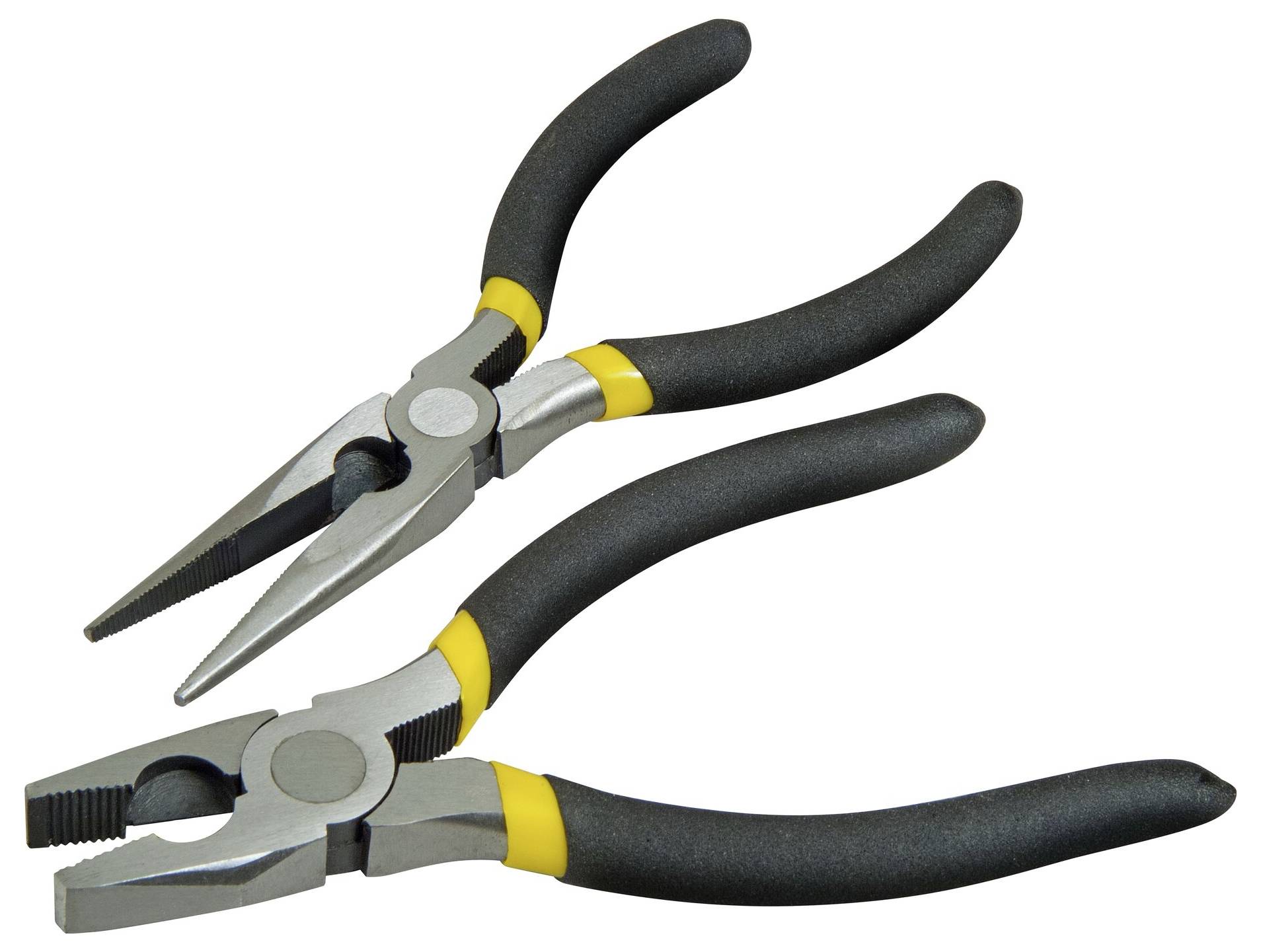 'Two pliers with black and yellow handles; one has a pointed nose, the other has a flat front.'