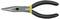 A pair of needle-nose pliers with black rubber grips and yellow accents, designed for gripping small objects or bending wire.
