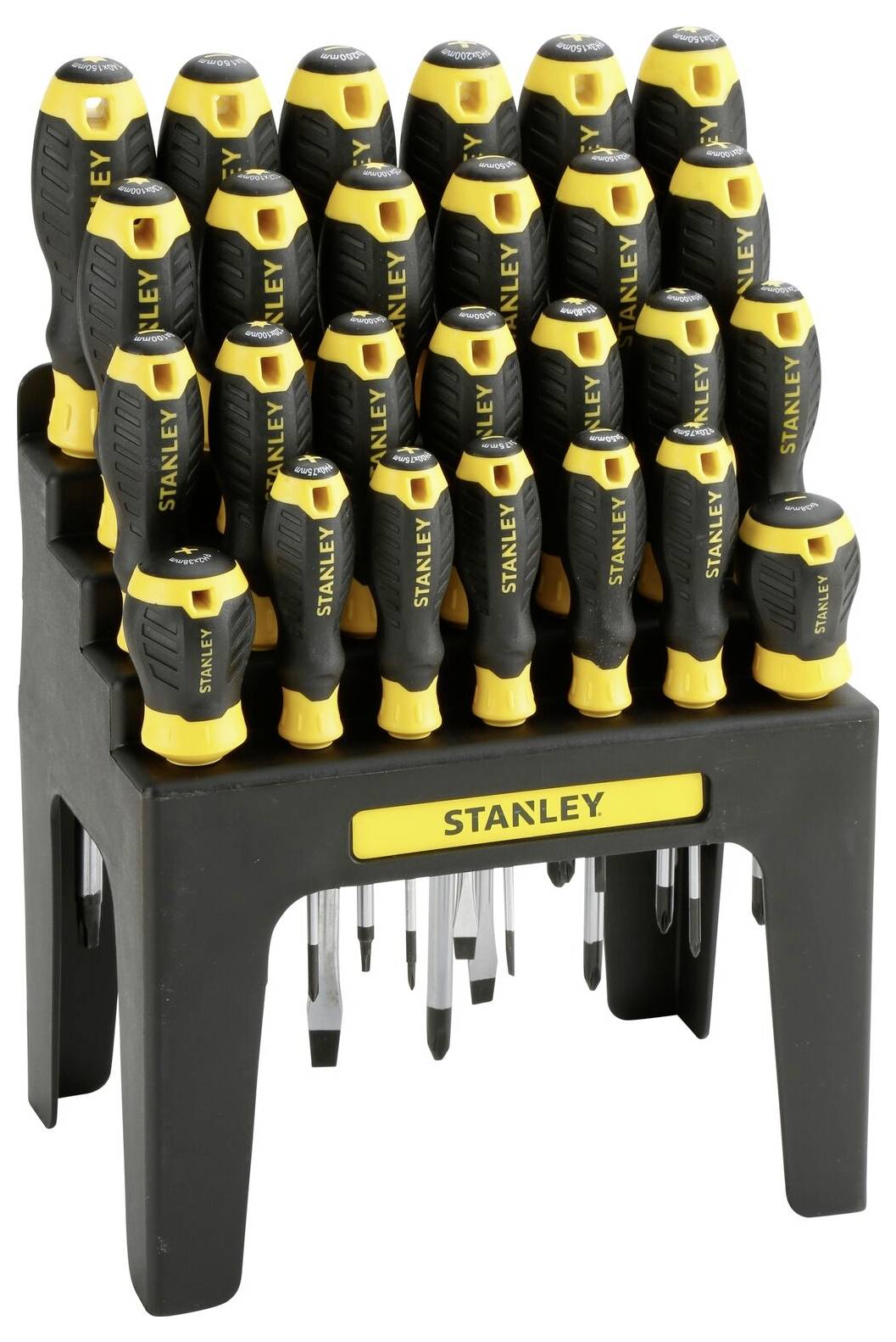 'Stanley screwdriver set with 20 various screwdrivers in a black and yellow holder, displaying different sizes and types.'