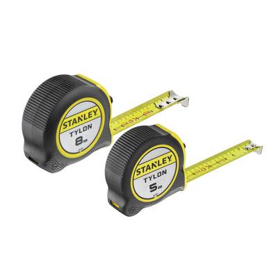 Two Stanley Tylon tape measures, one 8 meters and one 5 meters, with extended yellow measuring tapes.