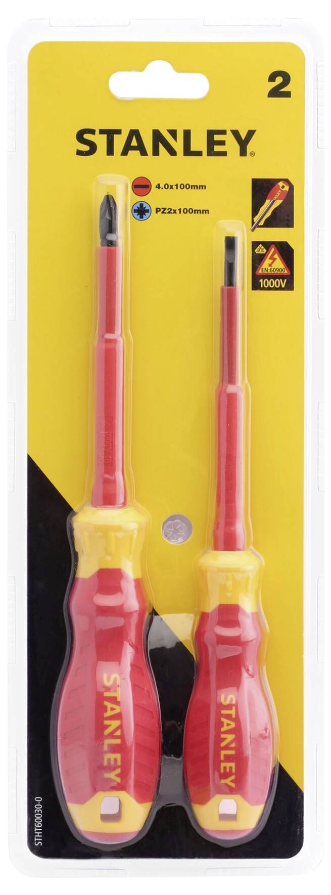 'Stanley 2-piece screwdriver set, 4.0x100mm and PZ2x100mm, insulated for 1000V. Includes flathead and Phillips screwdrivers.'