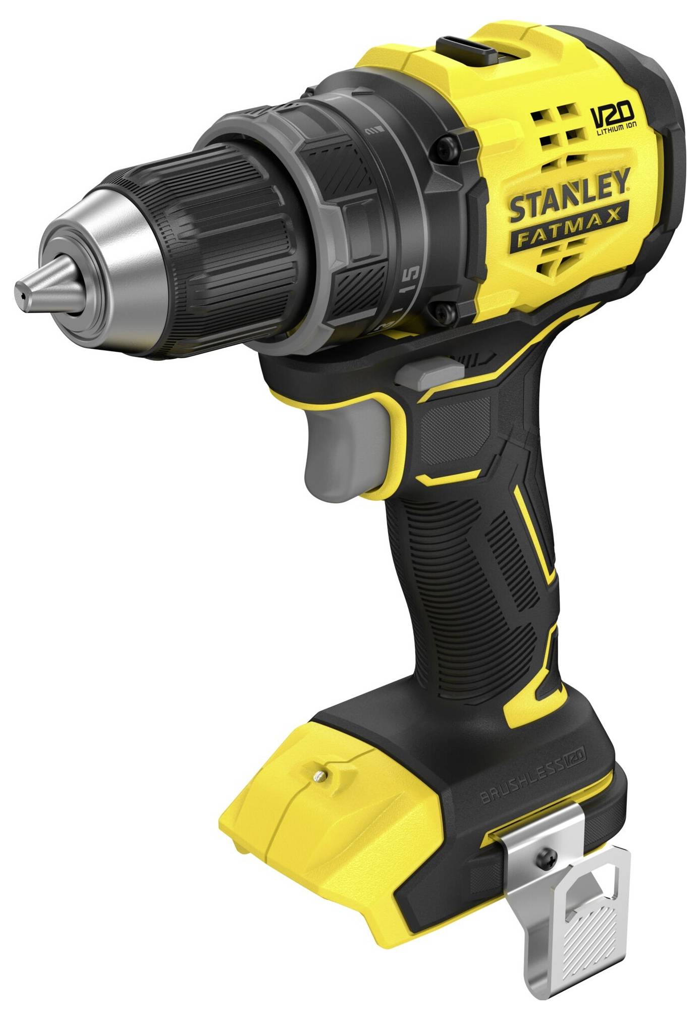 A yellow and black cordless power drill labeled 'Stanley Fatmax V20', showing a metal chuck and ergonomic grip with a belt hook.
