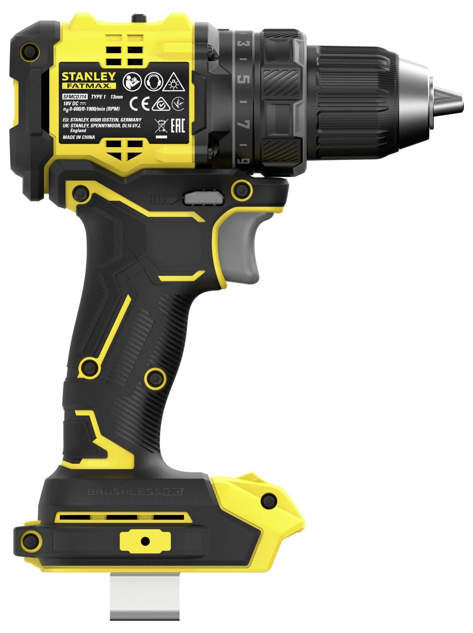 A yellow and black cordless drill with a textured grip and rotary chuck, labeled 'Stanley Fatmax.' The drill is positioned sideways.