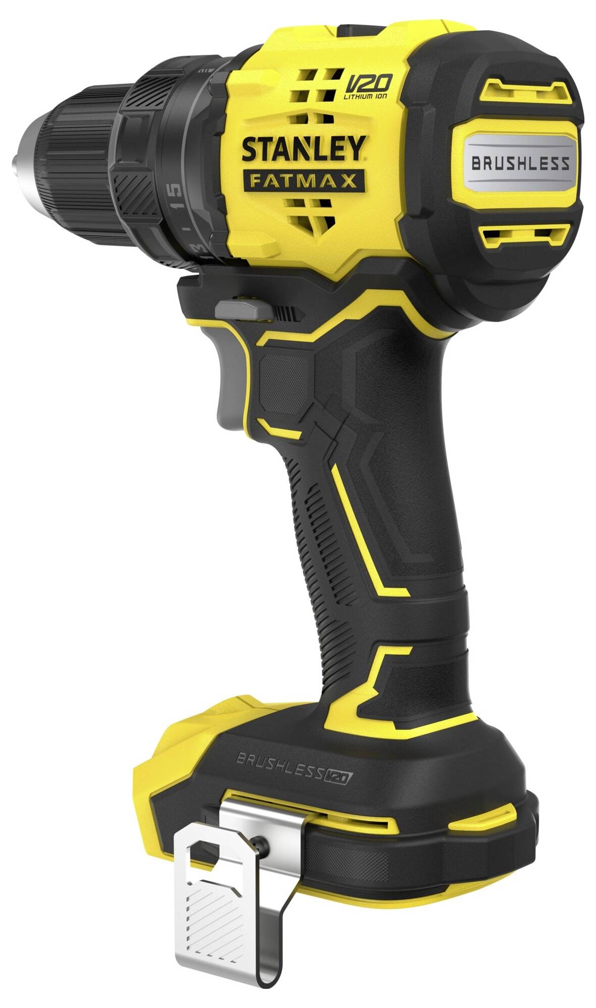 A yellow and black Stanley FatMax brushless drill, model V20, with a metal belt clip attached at the base, displayed at an angle.