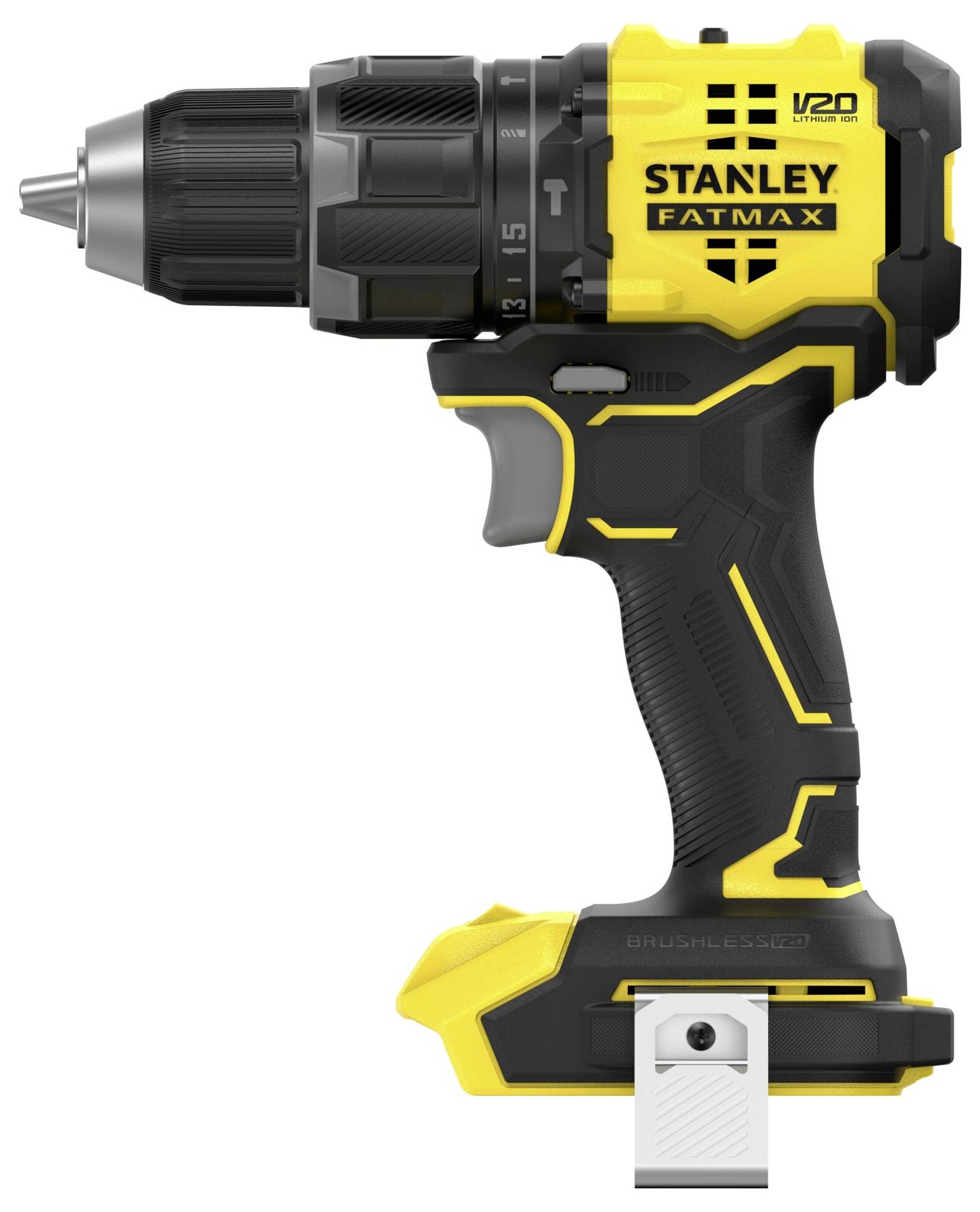 A yellow and black power drill labeled 'Stanley Fatmax V20', featuring a sleek design and ergonomic handle, shown in a side view.