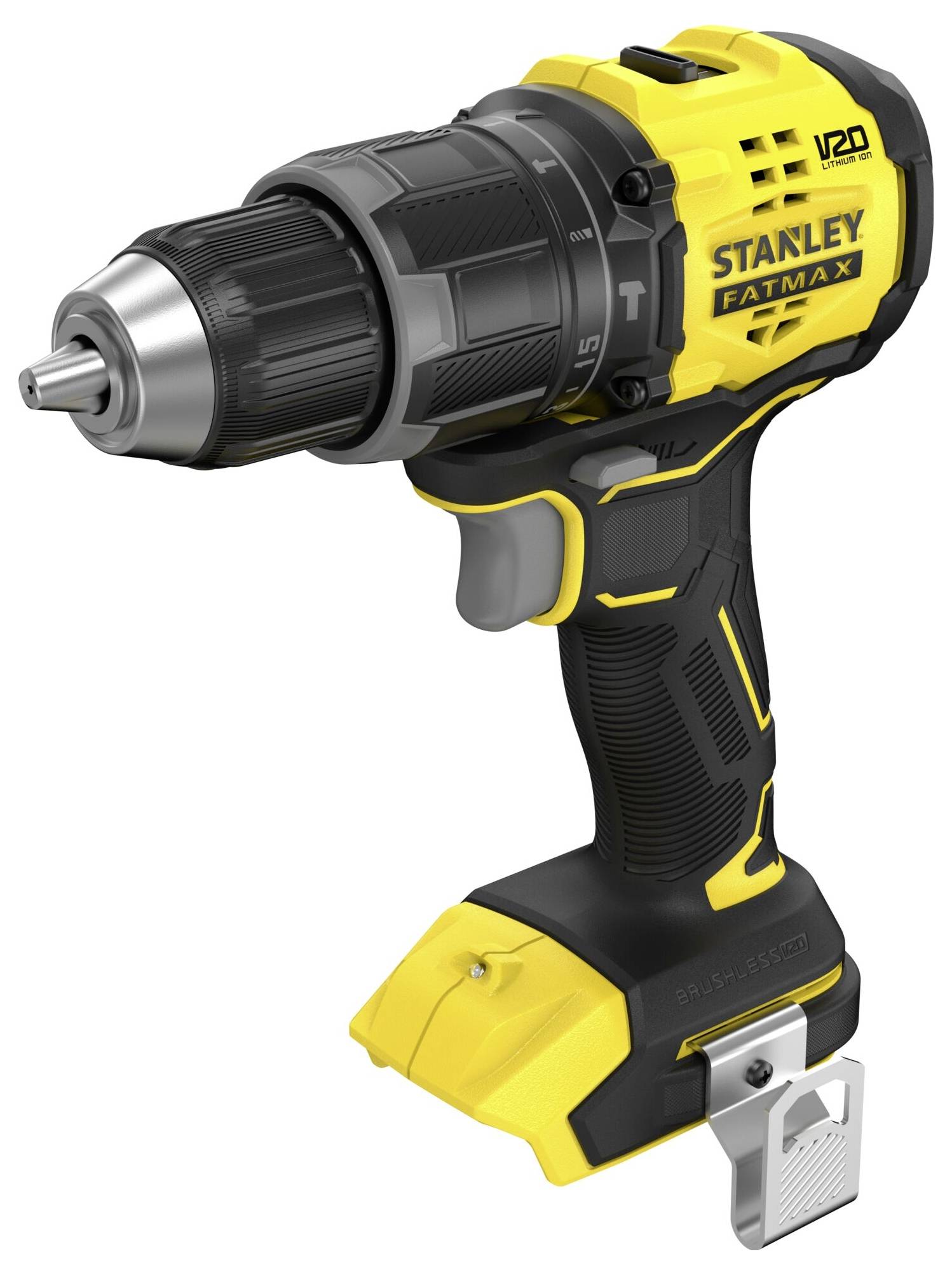 A yellow and black cordless drill labeled 'Stanley Fatmax', featuring a V20 design, shown from a side angle with a keyless chuck.