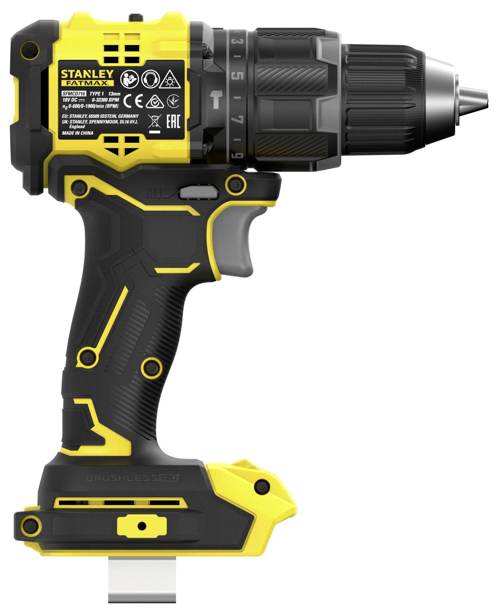 A yellow and black cordless drill, with a textured grip handle and a keyless chuck. The brand and model details are visible on the side.